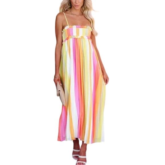 Vici Rainbow Maxi Dress Size S Smocked Cutout Pleated Resort Style - Picture 1 of 11
